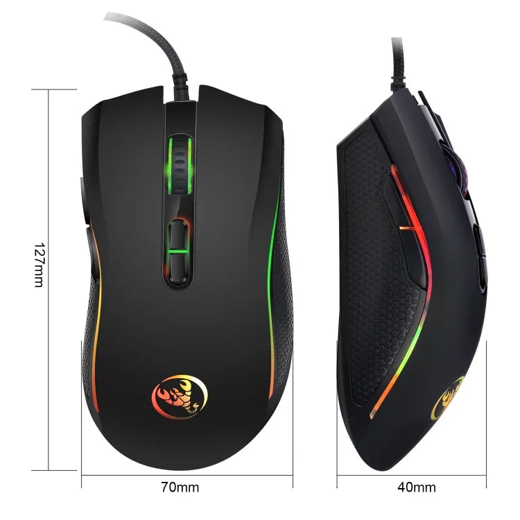 เมาส์เกมมีสาย HXSJ A869 ไฟสีสันสดใส 7 ปุ่ม ปรับความละเอียด 3200 DPI ดีไซน์ตามหลักสรีรศาสตร์, A869