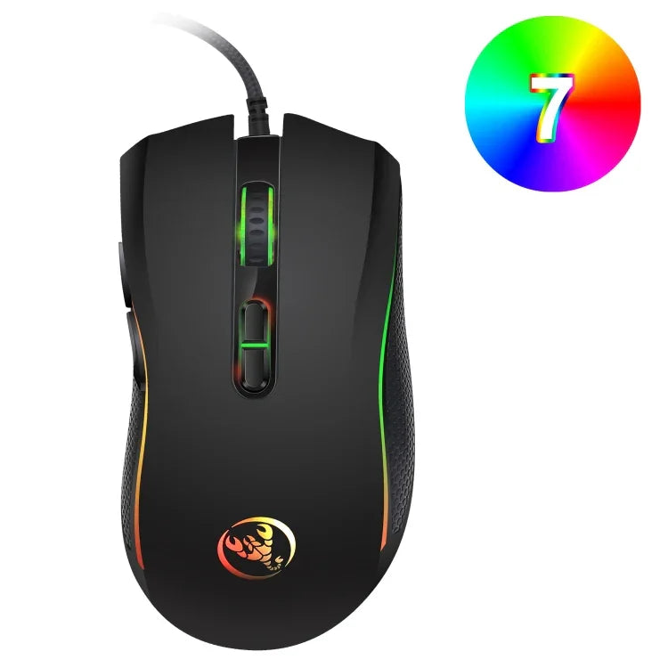 เมาส์เกมมีสาย HXSJ A869 ไฟสีสันสดใส 7 ปุ่ม ปรับความละเอียด 3200 DPI ดีไซน์ตามหลักสรีรศาสตร์, A869