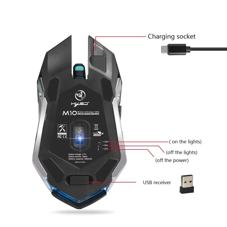 เมาส์เกมมิ่งออปติคอลไร้สายชาร์จได้ HXSJ M10 2.4GHz 6 ปุ่ม ไฟสีสันสดใส 2400DPI สำหรับคอมพิวเตอร์ตั้งโต๊ะ, M10