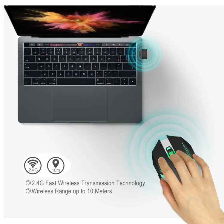 เมาส์เกมมิ่งออปติคอลไร้สายชาร์จได้ HXSJ M10 2.4GHz 6 ปุ่ม ไฟสีสันสดใส 2400DPI สำหรับคอมพิวเตอร์ตั้งโต๊ะ, M10
