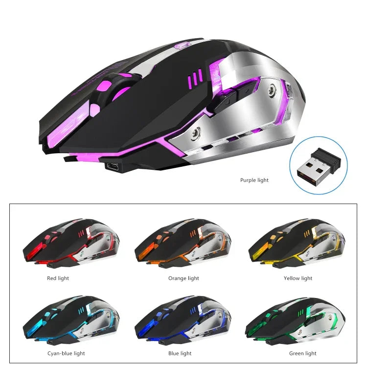 เมาส์เกมมิ่งออปติคอลไร้สายชาร์จได้ HXSJ M10 2.4GHz 6 ปุ่ม ไฟสีสันสดใส 2400DPI สำหรับคอมพิวเตอร์ตั้งโต๊ะ, M10