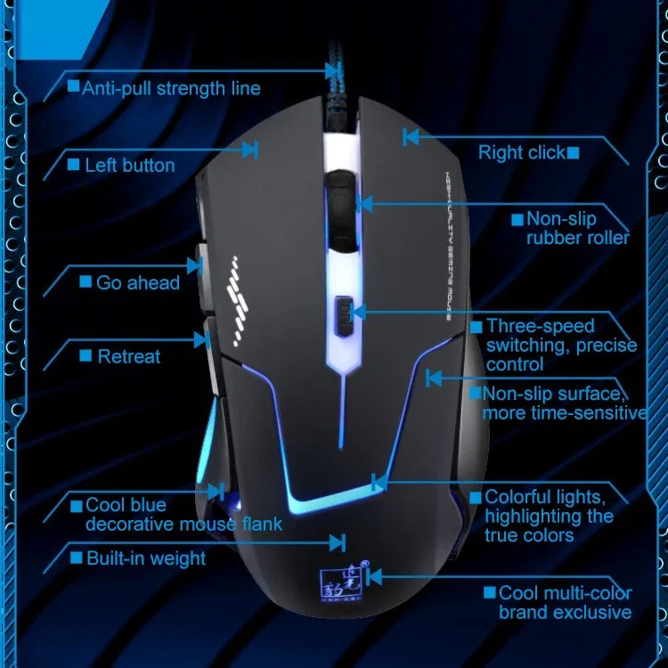 เมาส์เกมมิ่งมีสาย Chasing Leopard T7 USB 6 ปุ่ม 2400DPI ปรับความเร็วได้ 3 ระดับ พร้อมไฟหลังและน้ำหนักในตัว ความยาว: 1.8m, รุ่น T7