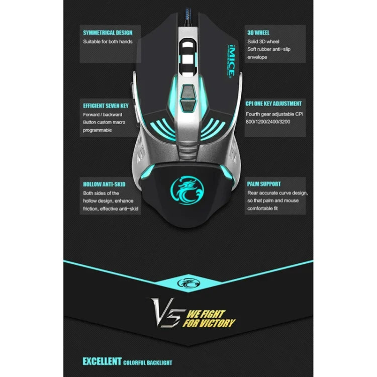 เมาส์เกมมิ่งมีสาย iMICE V5 USB 7 ปุ่ม 4000 DPI พร้อมไฟหลังสีสันสดใส สำหรับคอมพิวเตอร์ PC แล็ปท็อป, รุ่น V5 (สีขาว)