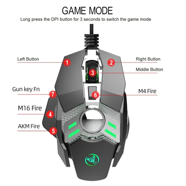 HXSJ J200 เมาส์เกมมิ่งกลไกมีสาย E-sports ปุ่มโปรแกรมได้ 7 ปุ่ม พร้อมไฟ
