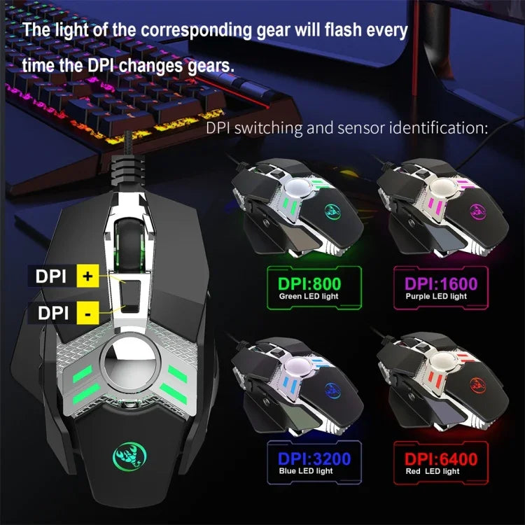 HXSJ J200 เมาส์เกมมิ่งกลไกมีสาย E-sports ปุ่มโปรแกรมได้ 7 ปุ่ม พร้อมไฟ