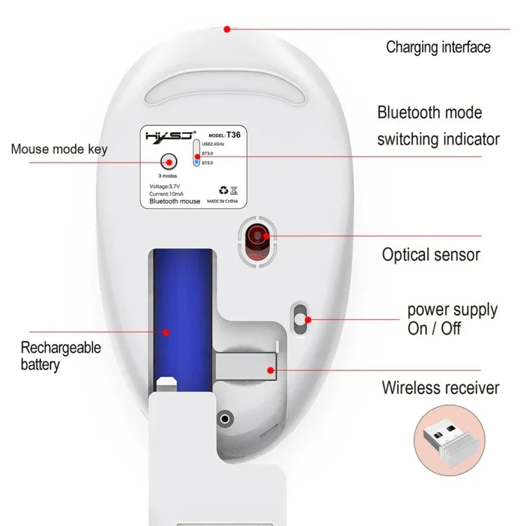 HXSJ T36 เมาส์บลูทูธไร้สาย 2.4G Bluetooth 5.0+3.0 สามโหมดดีไซน์เงียบ