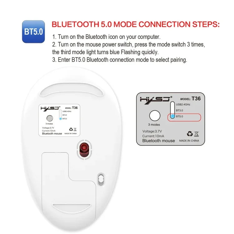 HXSJ T36 เมาส์บลูทูธไร้สาย 2.4G Bluetooth 5.0+3.0 สามโหมดดีไซน์เงียบ
