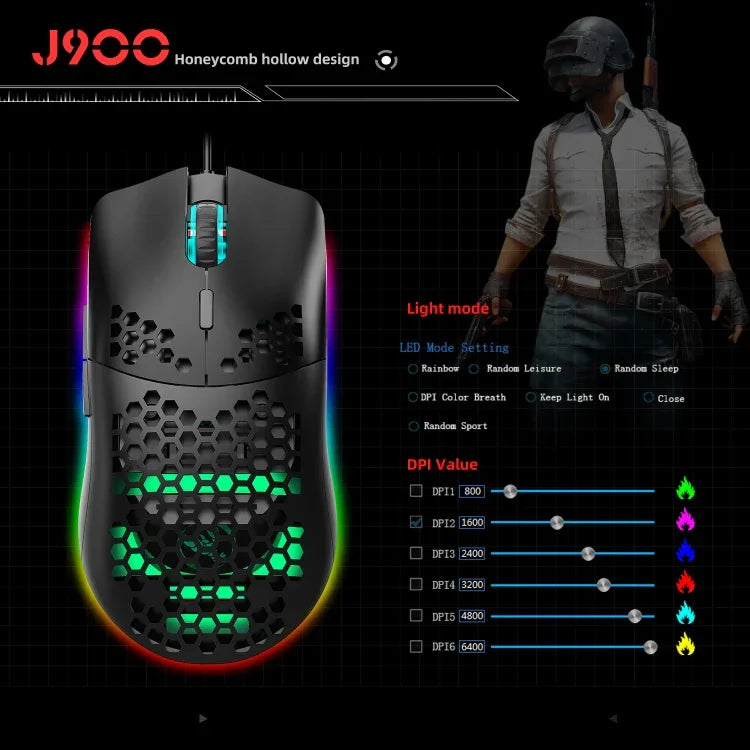 เมาส์เกมมิ่งมีสาย HXSJ J900 6 ปุ่ม ไฟ RGB โปรแกรมได้ (สีขาว), J900(สีดำ), J900(สีขาว)
