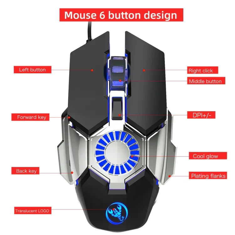 HXSJ J700 เมาส์เกมมิ่งมีสาย E-sports พร้อมไฟสีสันโปรแกรมได้, รุ่น J700
