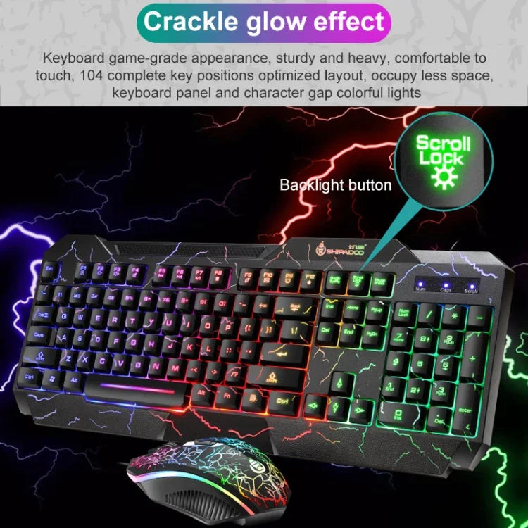 ชุดคีย์บอร์ดเกมมิ่ง SHIPADOO D620 104 ปุ่ม มีสาย พร้อมไฟ RGB สีแตก และเมาส์ สำหรับแล็ปท็อป, พีซี