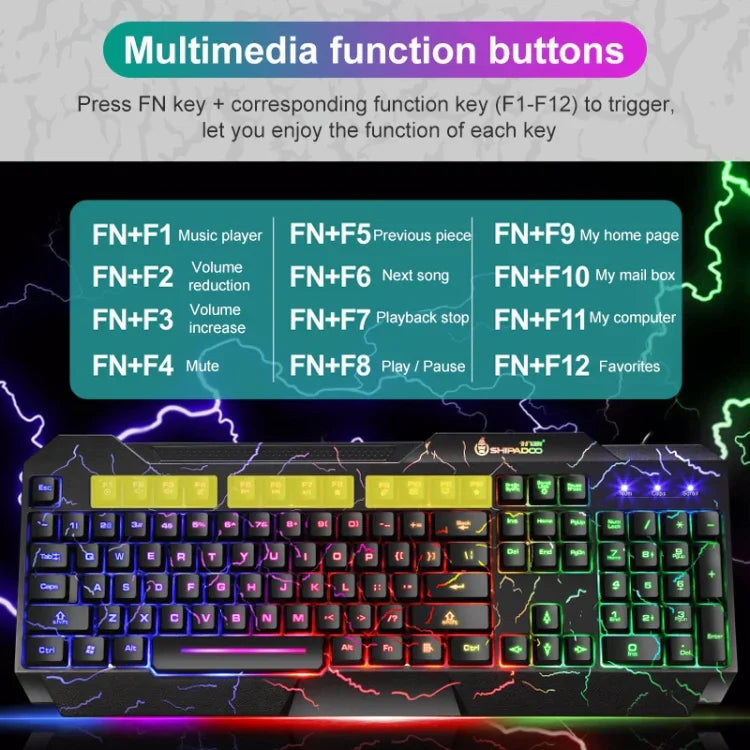 ชุดคีย์บอร์ดเกมมิ่ง SHIPADOO D620 104 ปุ่ม มีสาย พร้อมไฟ RGB สีแตก และเมาส์ สำหรับแล็ปท็อป, พีซี