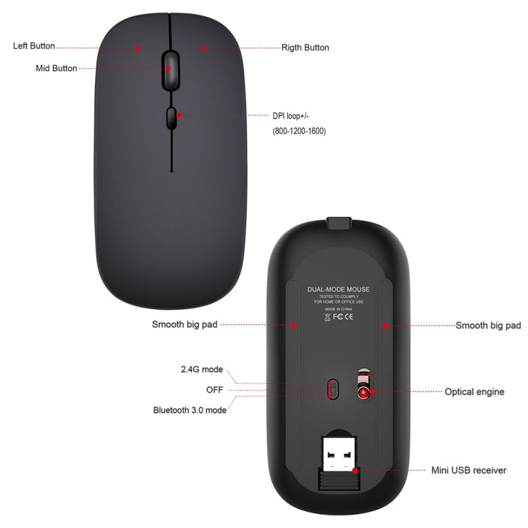 เมาส์ไร้สาย HXSJ M90 2.4GHz บางเฉียบ ชาร์จได้ แบบเงียบ สองโหมด Bluetooth สำหรับโน้ตบุ๊กและพีซี