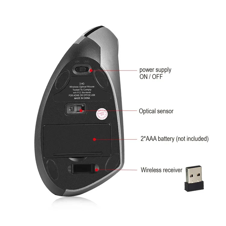 เมาส์แนวตั้งไร้สาย HXSJ T24 6 ปุ่ม 2400 DPI 2.4G พร้อมตัวรับ USB สีดำ สีเทา