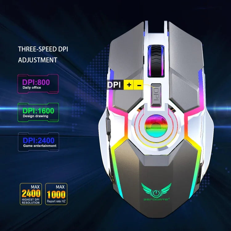 เมาส์ออปติคอลไร้สาย ZERODATE T30 2.4GHz 2400DPI ปรับได้ 3 ระดับ ไฟ RGB สีขาว
