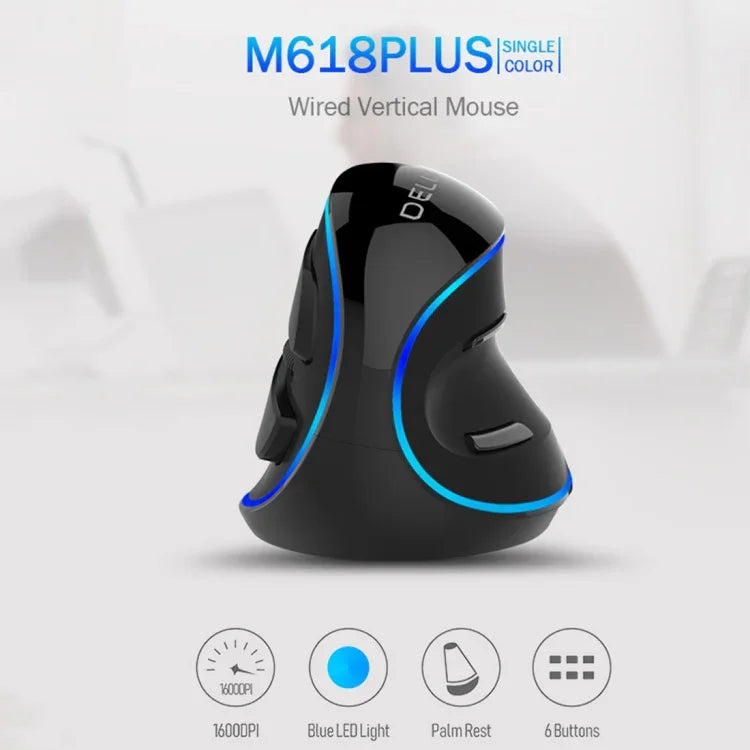 เมาส์ออปติคอลมีสาย DELUX M618 Plus รุ่นสีน้ำเงิน แนวตั้ง ดีไซน์ตามหลักสรีรศาสตร์ 1600DPI
