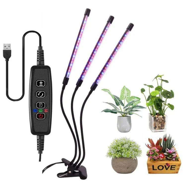 โคมไฟ LED ปรับสเปกตรัม 3 หัว 30W ตั้งเวลาสำหรับการเจริญเติบโตของพืช ใช้ปลั๊ก USB DC 5V, 30W