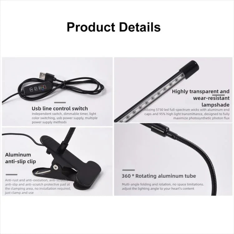 โคมไฟ LED ปรับสเปกตรัม 3 หัว 30W ตั้งเวลาสำหรับการเจริญเติบโตของพืช ใช้ปลั๊ก USB DC 5V, 30W