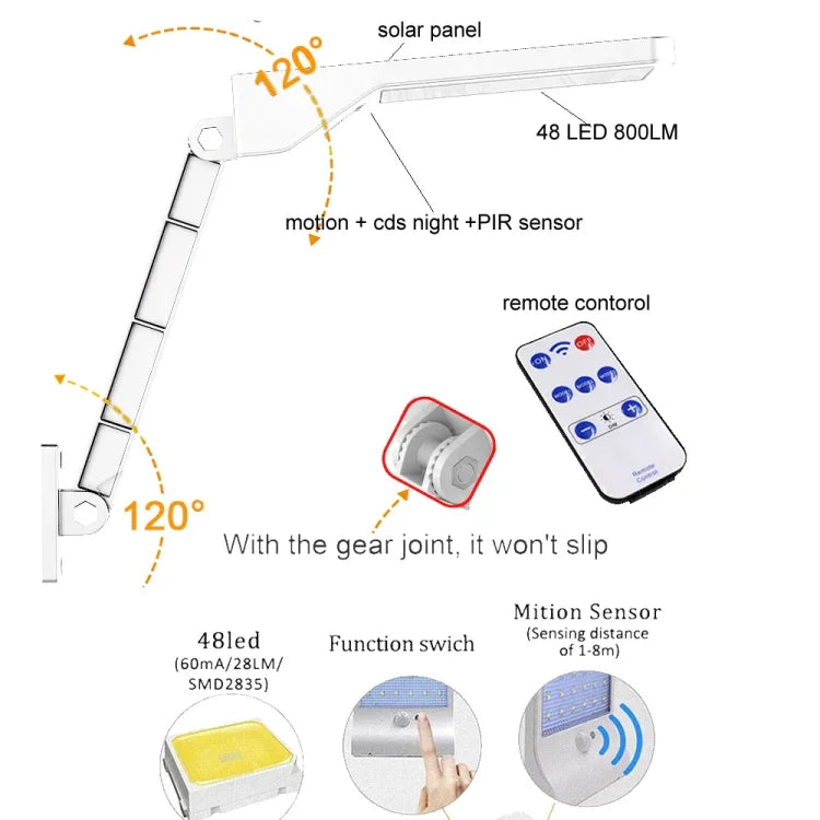 โคมไฟแบนพลังงานแสงอาทิตย์ 6W 800LM 48 LEDs พร้อมขาตั้งและรีโมทคอนโทรล