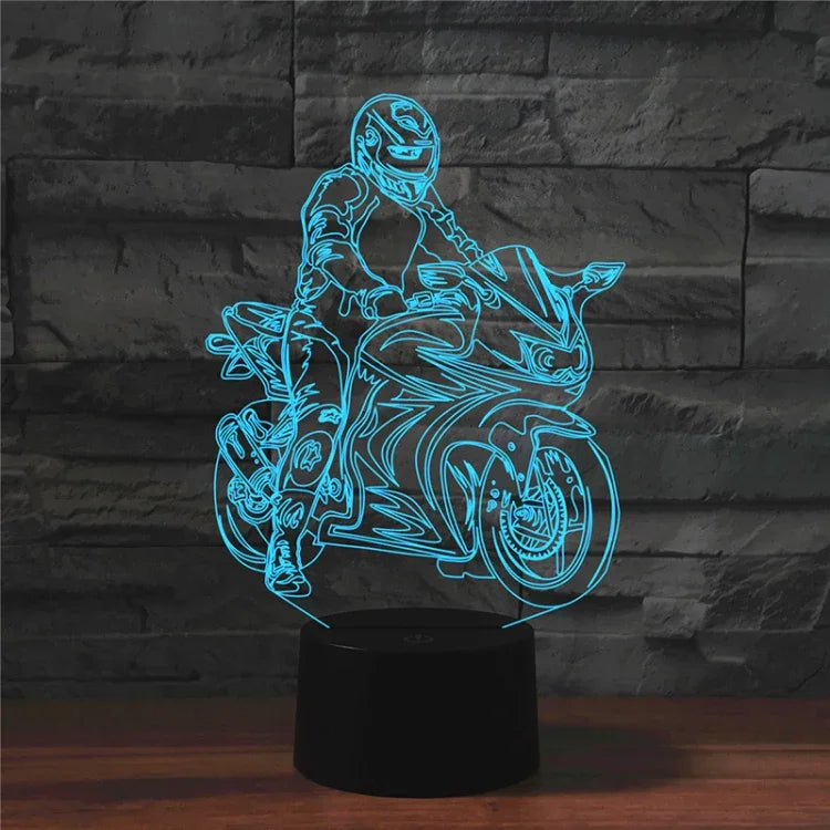 โคมไฟตั้งโต๊ะ LED วิชั่น 3D รูปรถจักรยานยนต์ สีสันสดใส รุ่นรีโมทคอนโทรลแบบแตก