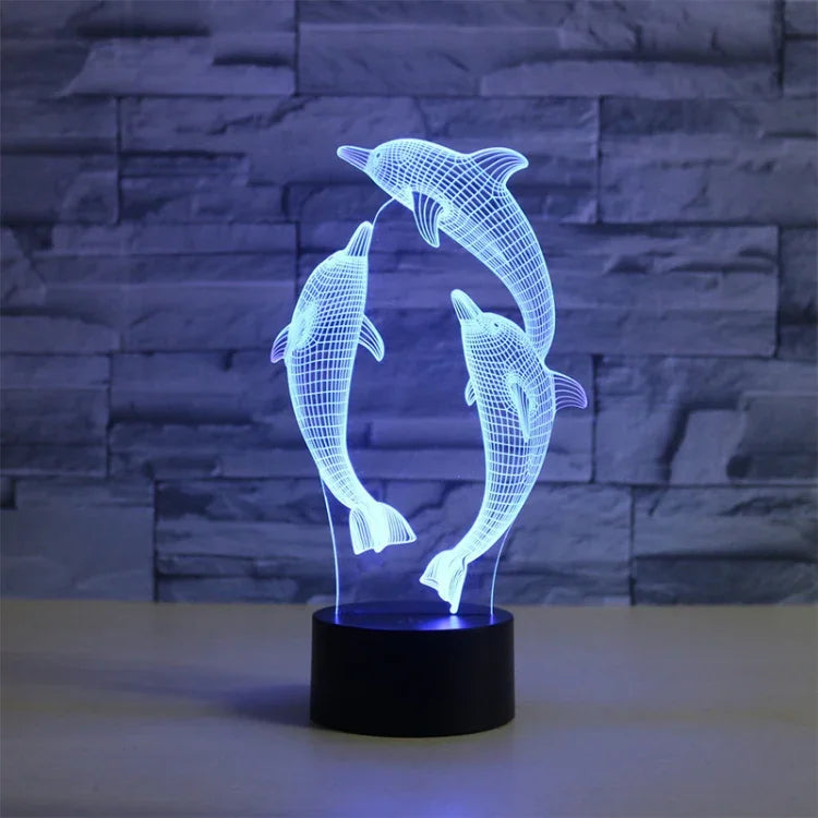 โคมไฟตั้งโต๊ะ LED วิชั่น 3D รูปโลมาสามตัว สีสันสดใส รุ่นสัมผัส USB