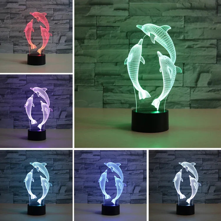 โคมไฟตั้งโต๊ะ LED วิชั่น 3D รูปโลมาสามตัว สีสันสดใส รุ่นสัมผัส USB