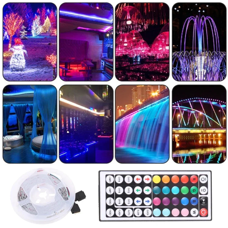 ไฟสายเชือก Bare Board 2835 SMD RGB LED, 60 ดวง LED ต่อเมตร, ความยาว 5 เมตร, 12V 2A 100-240V พร้อมรีโมทคอนโทรล 44 ปุ่ม
