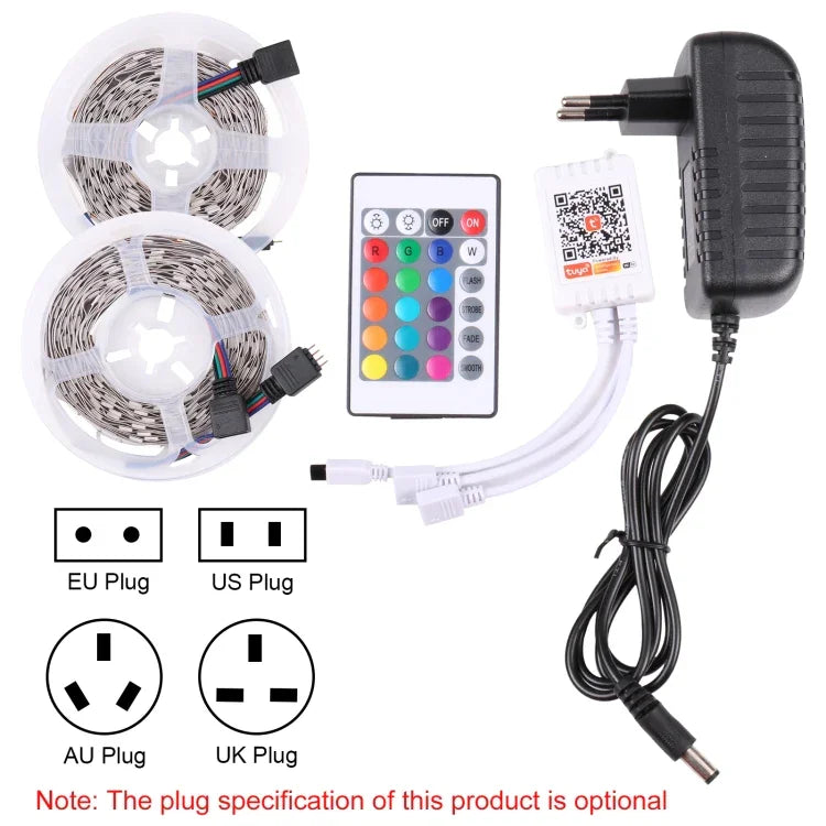 ไฟเชือก LED RGB 5050 SMD แบบบอร์ดเปล่า 2 ชิ้น, 30 LED/เมตร, ความยาว: 5 เมตร, 12V 2A 100-240V, พร้อมรีโมทคอนโทรล 24 ปุ่ม, 5050 SMD RGB LED, 5 เมตร x 2