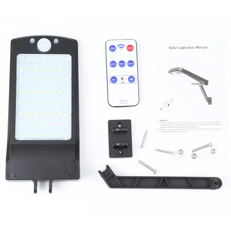 ไฟผนังพลังงานแสงอาทิตย์ 12W 56 ดวง LED SMD 2835 สำหรับใช้ในบ้านและกลางแจ้ง กันน้ำ IP65 ควบคุมระยะไกล พร้อมเซนเซอร์ตรวจจับร่างกายมนุษย์