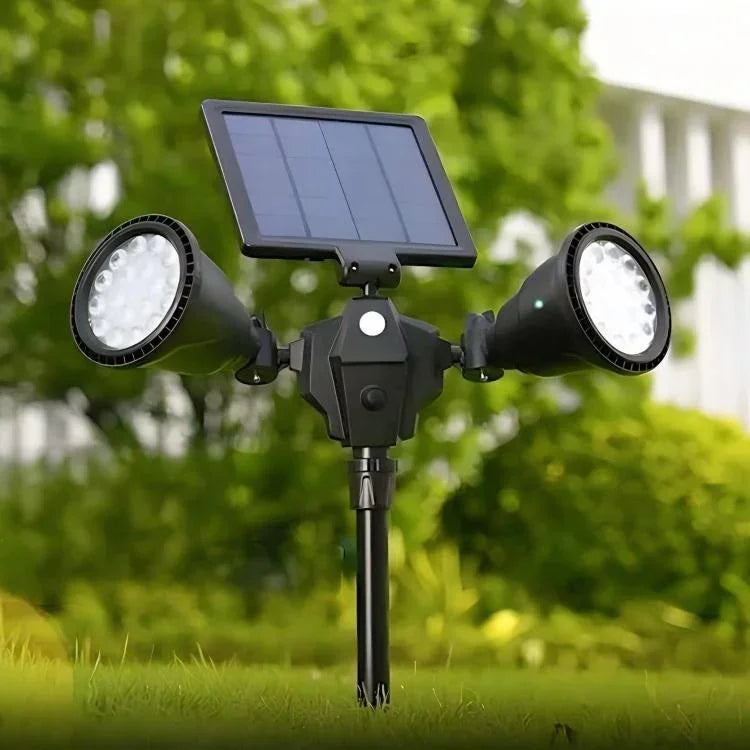 ไฟสปอร์ตไลท์หุ่นยนต์ LED พลังงานแสงอาทิตย์ หัวคู่ พร้อมเซนเซอร์อัจฉริยะ สำหรับสนามหญ้ากลางแจ้ง