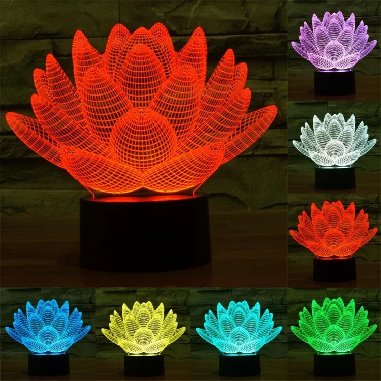 โคมไฟตั้งโต๊ะสเตอริโอวิชวลสร้างสรรค์เปลี่ยนสีได้ 7 สี ไฟกลางคืน สไตล์ดอกบัว