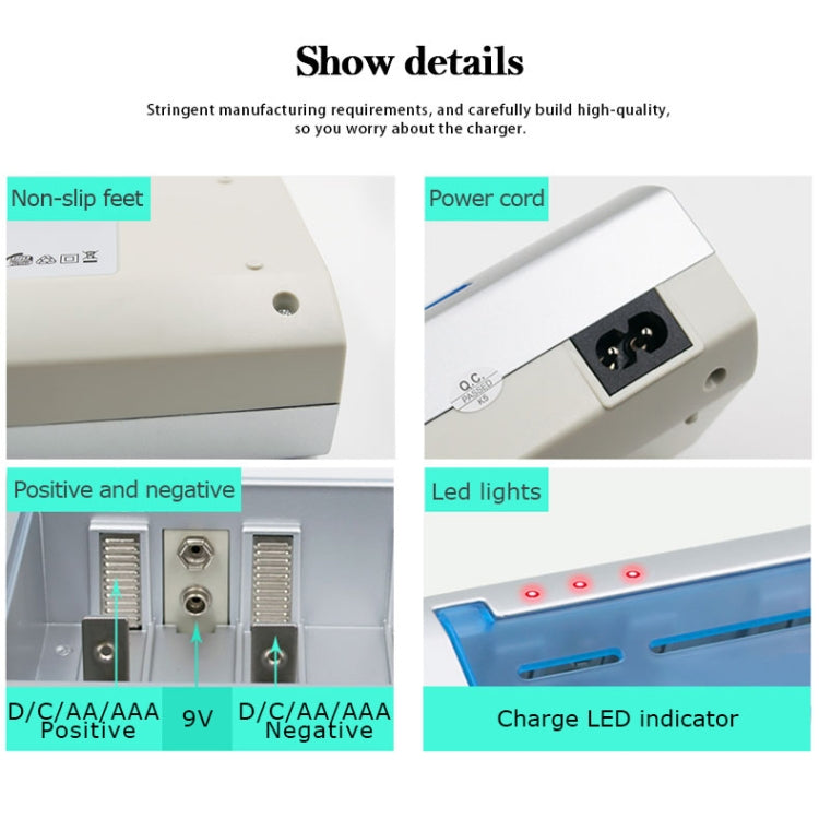 ที่ชาร์จแบตเตอรี่ 4 ช่อง สำหรับแบตเตอรี่ขนาด AA, AAA, C และ D, AC 100-240V, ปลั๊ก EU