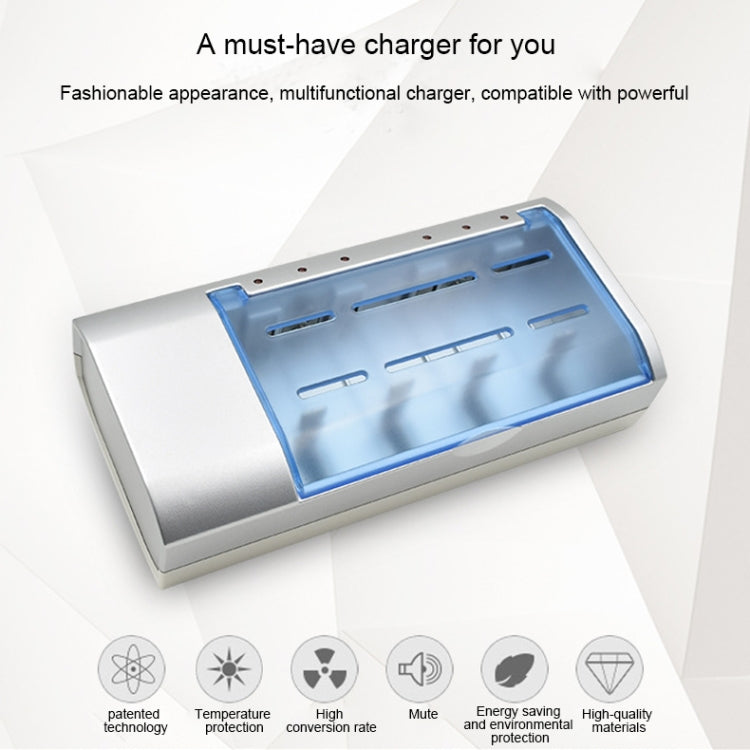 ที่ชาร์จแบตเตอรี่ 4 ช่อง สำหรับแบตเตอรี่ขนาด AA, AAA, C และ D, AC 100-240V, ปลั๊ก US