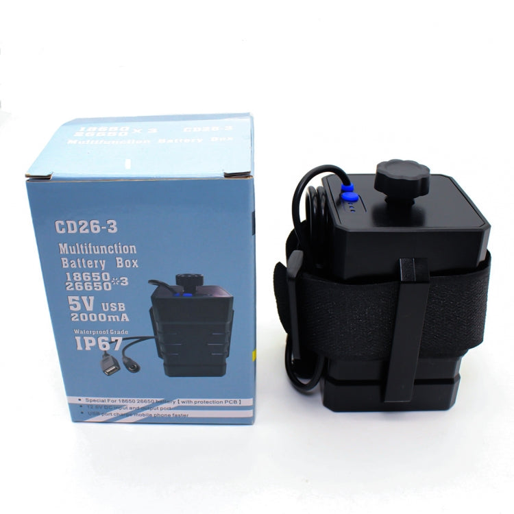 กล่องแบตเตอรี่กันน้ำ IPX7 3 ช่อง 18650/26650 พร้อมหัวกลม 12v และพอร์ต USB 5v แรงดันไฟฟ้าขาออก ไม่รวมแบตเตอรี่, 12v