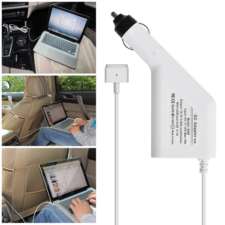 ที่ชาร์จในรถยนต์ MagSafe 2 แบบ 5 ขา T Style 60W 16.5V 3.65A พร้อมพอร์ต USB 1 ช่อง สำหรับ Apple MacBook รุ่น A1465 / A1502 / A1435 / MD212 / MD2123 / MD662, ความยาว 1.7 เมตร