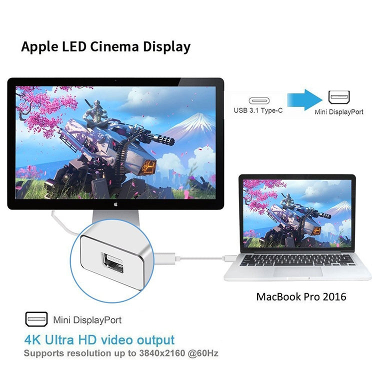 ตัวแปลง USB-C / Type-C 3.1 ตัวผู้เป็น Mini DP ตัวเมีย HD, ความยาว: 12 ซม., สีเงิน, สีทอง