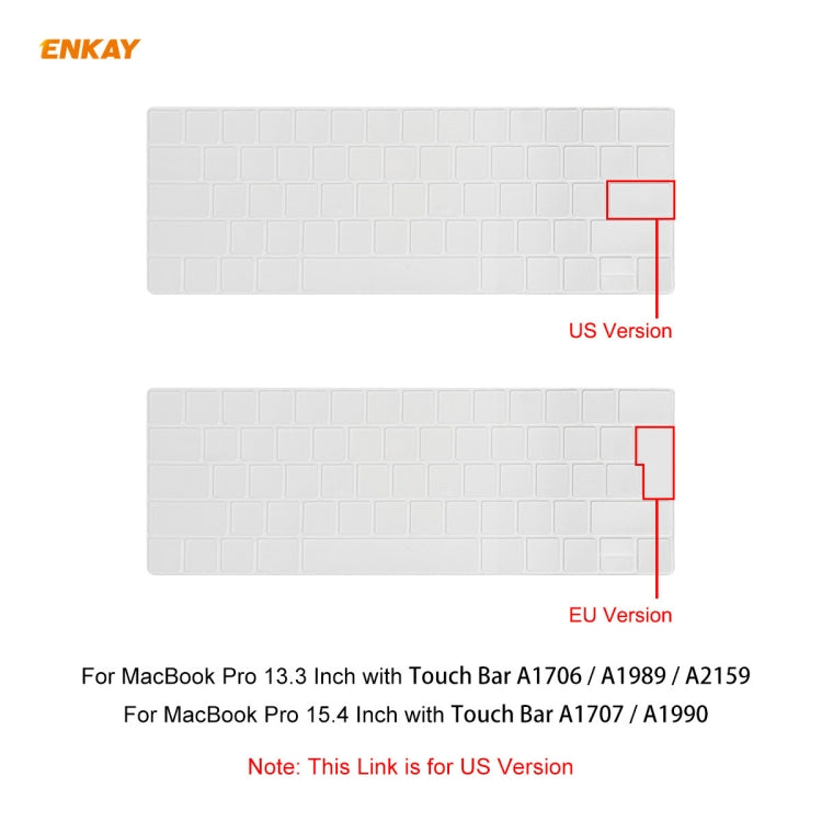 ENKAY ฝาครอบป้องกันแป้นพิมพ์ TPU สำหรับ MacBook Pro 13.3 นิ้ว A1706 / A1989 / A2159 & Pro 15.4 นิ้ว A1707 / A1990 (มี Touch Bar), รุ่น US