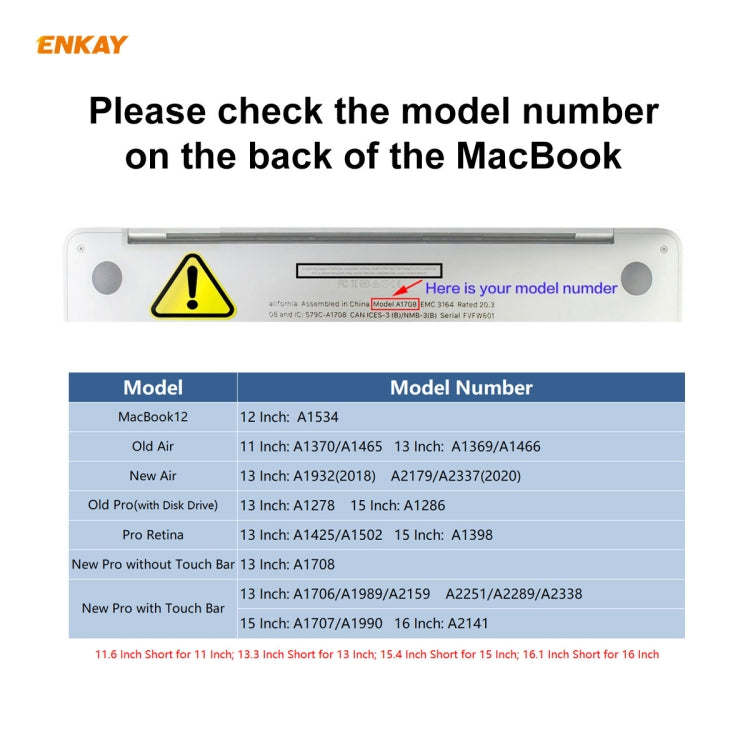 ENKAY ฝาครอบป้องกันแป้นพิมพ์ TPU สำหรับ MacBook Pro 13.3 นิ้ว A1706 / A1989 / A2159 & Pro 15.4 นิ้ว A1707 / A1990 (มี Touch Bar), รุ่น US