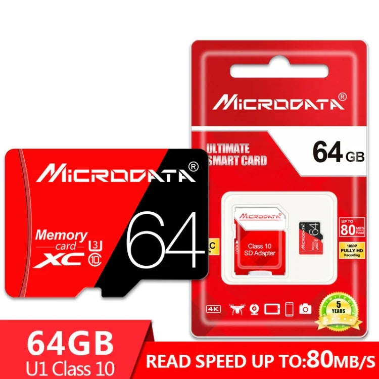 การ์ดหน่วยความจำ TF (Micro SD) ความเร็วสูง U3 สีแดงและดำ MICRODATA 64GB