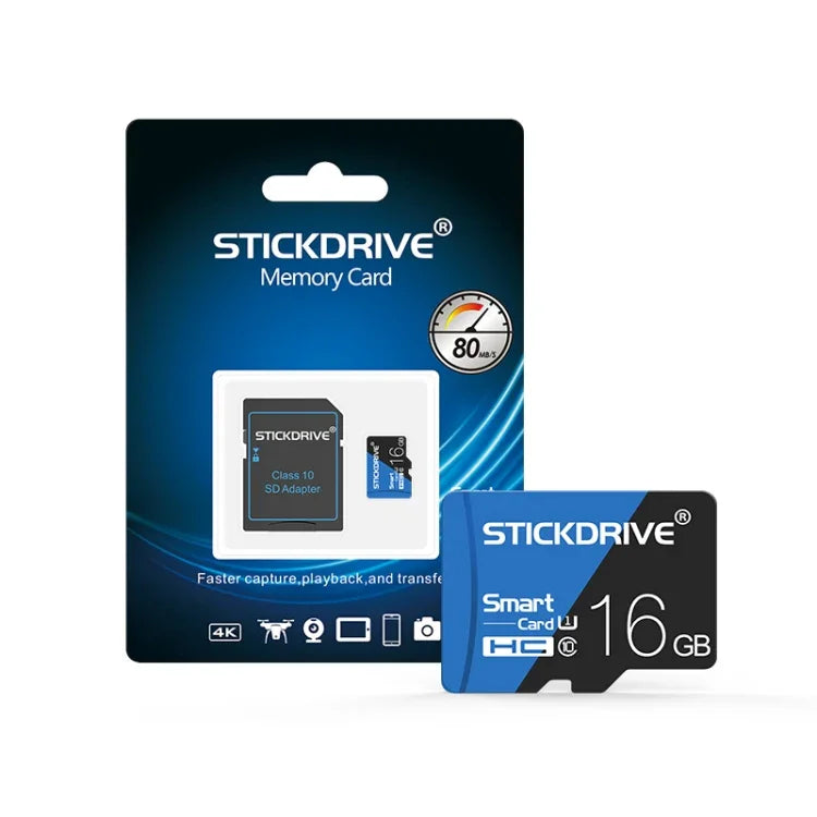 การ์ดหน่วยความจำ TF (Micro SD) ความเร็วสูง U1 สีน้ำเงินและดำ STICKDRIVE 16GB
