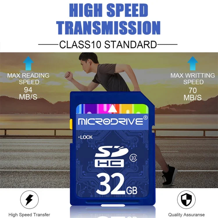 Microdrive การ์ดหน่วยความจำ SD ความเร็วสูง Class 10 ขนาด 32GB สำหรับอุปกรณ์ดิจิทัลทุกชนิดที่มีช่องใส่การ์ด SD, 32GB