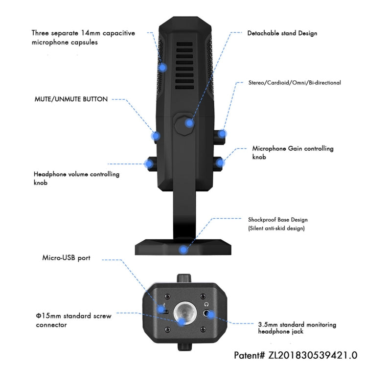 ไมโครโฟนคอนเดนเซอร์บันทึกเสียงสตูดิโอ Yanmai SF-900 แบบสี่ทิศทาง พร้อมขาตั้งโต๊ะ