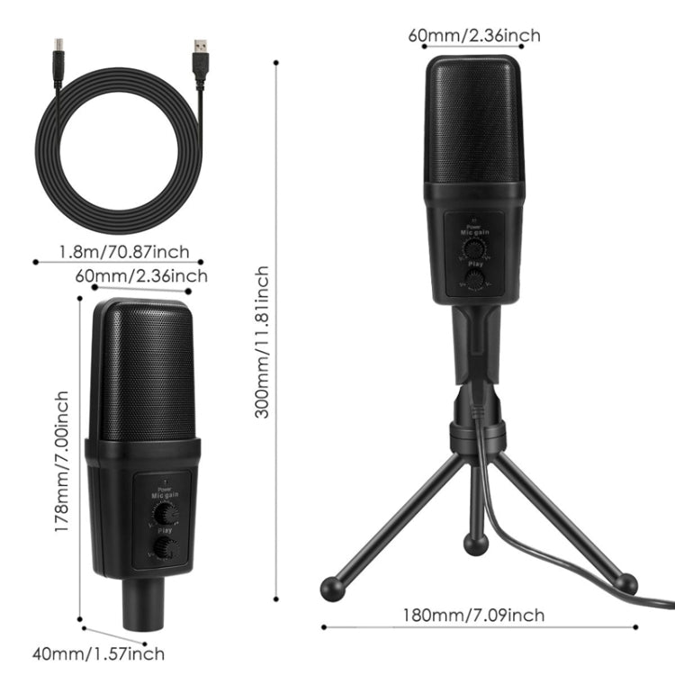 Yanmai SF-970 ไมโครโฟนคอนเดนเซอร์บันทึกเสียงมืออาชีพ พร้อมขาตั้งและสาย USB, ความยาวสาย: 1.8 ม.