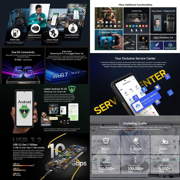 Ulefone Armor 28 Ultra โทรศัพท์กันกระแทก, 16GB+1TB, กล้องมองกลางคืน, แบตเตอรี่ 10600mAh, 6.67 นิ้ว Android 14 MediaTek Dimensity 9300+ Octa Core, เครือข่าย: 5G, NFC, Armor 28 Ultra