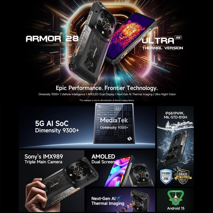 Ulefone Armor 28 UltraThermal Version โทรศัพท์กันกระแทก, 16GB+1TB, กล้องมองกลางคืน, แบตเตอรี่ 10600mAh, 6.67 นิ้ว Android 14 MediaTek Dimensity 9300+ Octa Core, เครือข่าย: 5G, NFC, Armor 28 Ultra Thermal Version