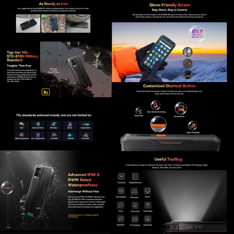 Blackview BV4800 SE โทรศัพท์กันกระแทก, 4GB+64GB, 6.56 นิ้ว Android 15 UMS9320E T615 Octa Core, เครือข่าย: 4G, OTG, NFC, BV4800 SE 4GB+64GB