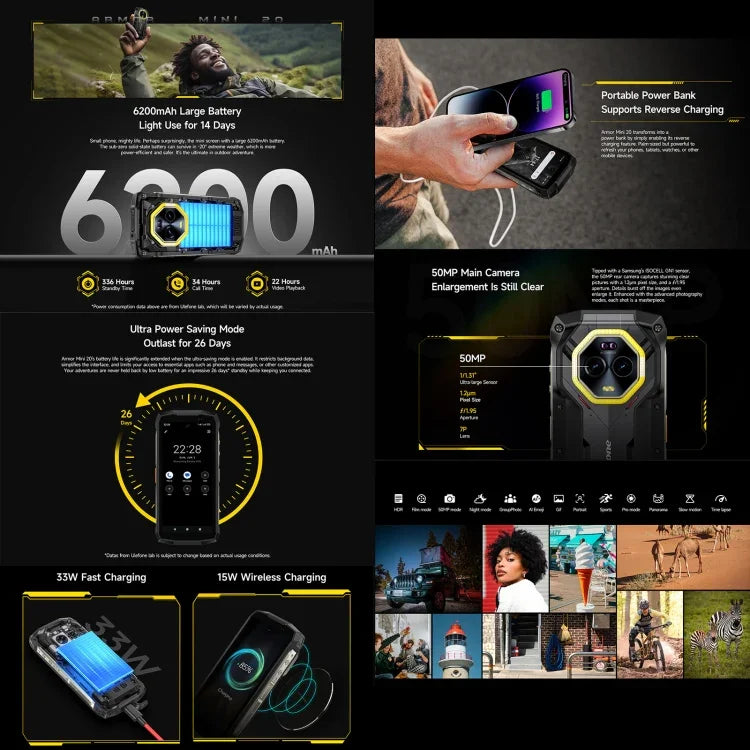 Ulefone Armor Mini 20, กล้องมองกลางคืน, 8GB+256GB, โทรศัพท์กันน้ำกันฝุ่น IP68/IP69K, 4.7 นิ้ว Android 14 MediaTek Dimensity 6300 Octa Core, เครือข่าย: 4G, NFC, OTG, Armor Mini 20