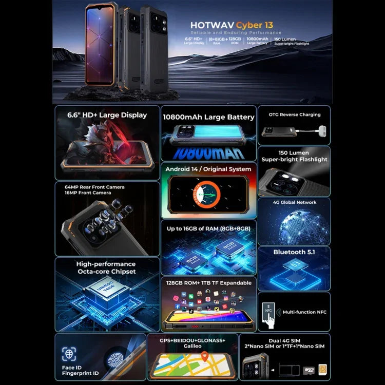 HOTWAV CYBER 13, โทรศัพท์กันน้ำกันฝุ่น IP68/IP69K, 8GB+128GB, 10800mAh, 6.6 นิ้ว Android 14.0 Unisoc T606 Octa Core, เครือข่าย: 4G, NFC, OTG