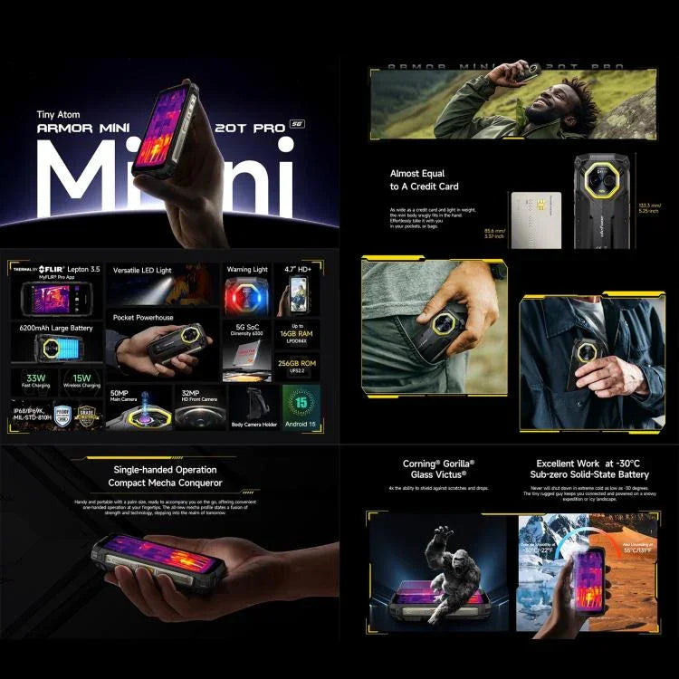 Ulefone Armor Mini 20T Pro, กล้องถ่ายภาพความร้อน, 8GB+256GB, โทรศัพท์กันน้ำกันฝุ่น IP68/IP69K, 4.7 นิ้ว Android 14 MediaTek Dimensity 6300 5G Octa Core, เครือข่าย: 5G, NFC, OTG, Armor Mini 20T Pro