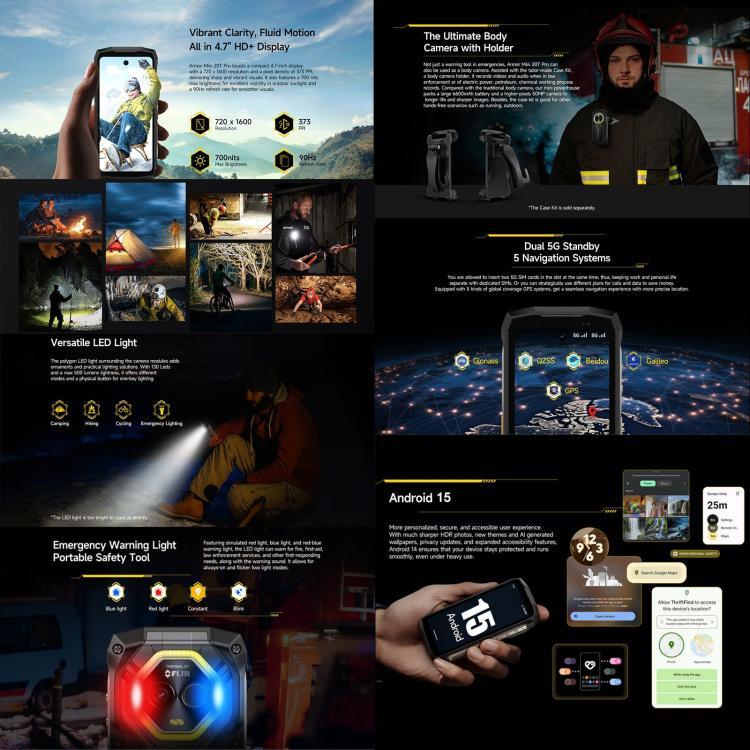 Ulefone Armor Mini 20T Pro, กล้องถ่ายภาพความร้อน, 8GB+256GB, โทรศัพท์กันน้ำกันฝุ่น IP68/IP69K, 4.7 นิ้ว Android 14 MediaTek Dimensity 6300 5G Octa Core, เครือข่าย: 5G, NFC, OTG, Armor Mini 20T Pro