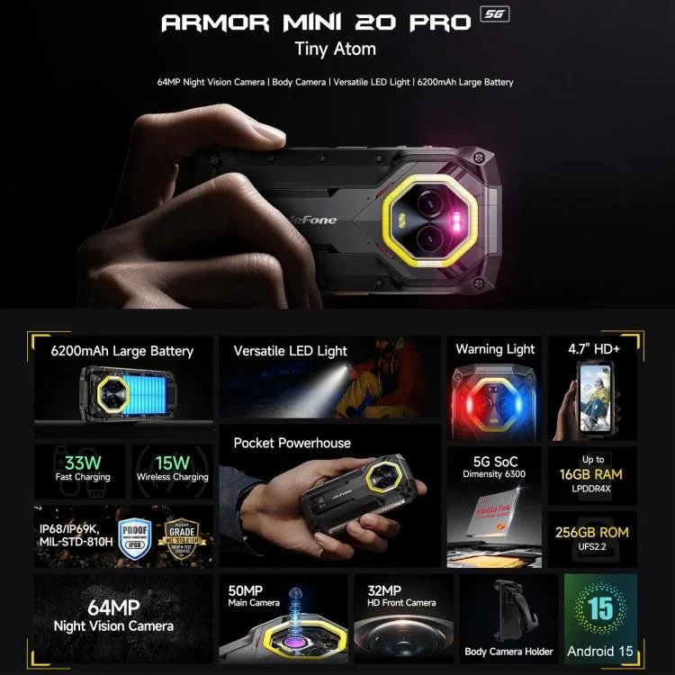 Ulefone Armor Mini 20 Pro, 8GB+256GB, โทรศัพท์กันน้ำกันฝุ่น IP68/IP69K, 4.7 นิ้ว Android 14 MediaTek Dimensity 6300 5G Octa Core, เครือข่าย: 5G, NFC, OTG, Armor Mini 20 Pro